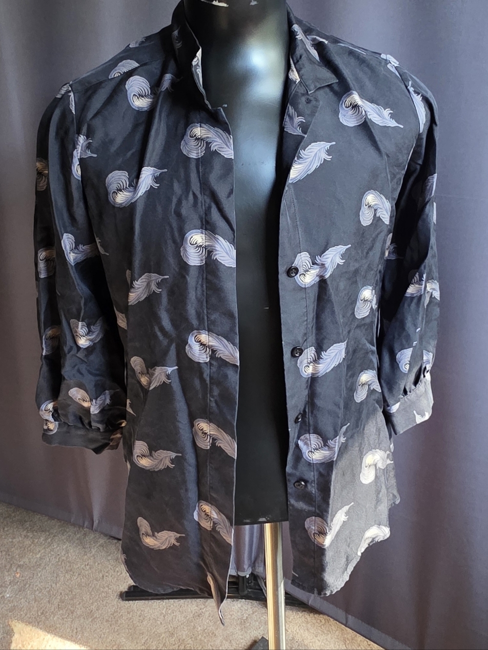 Kal Rieman 100% Silk Black Patterned Button-Up Shirt Jacket 6